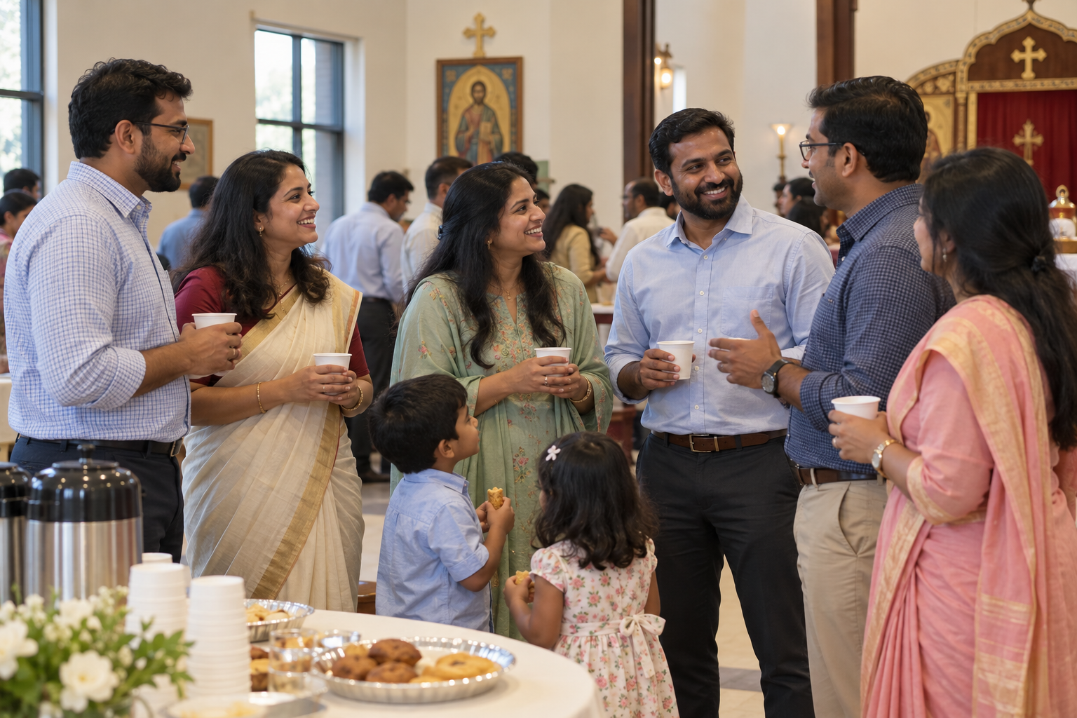 Illustration of Indian American young families sharing fellowship after church