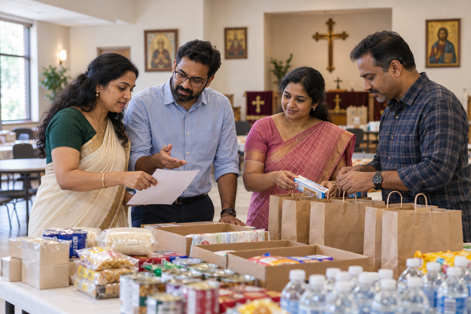 Illustration of Indian American parish volunteers preparing a community service project